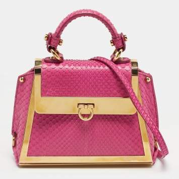 Pre Owned Salvatore Ferragamo Pink Python and Metal Mini Sofia Top Handle Bag