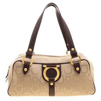 Pre Owned Salvatore Ferragamo Beige Canvas Signature Satchel