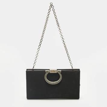 Pre Owned Salvatore Ferragamo Black Satin Musa Gancini Chain Clutch