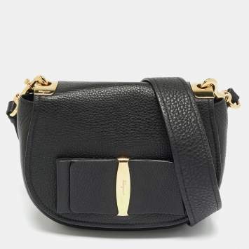 Pre Owned Salvatore Ferragamo Black Leather Iconic Bow Crossbody Bag