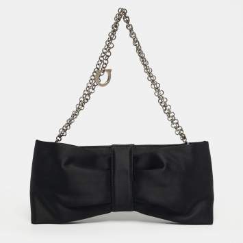Pre Owned Salvatore Ferragamo Bow Black Satin Chain Clutch