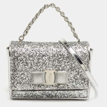 مملوكة مسبقًا Salvatore Ferragamo Silver Glitter and Laminated Leather Top Handle Bag