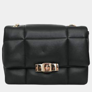 Pre Owned Salvatore Ferragamo Black Quilted Leather Vera Bow Shoulder Bag