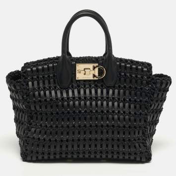 Pre Owned Salvatore Ferragamo Studio Black Woven Leather and Straw Satchel