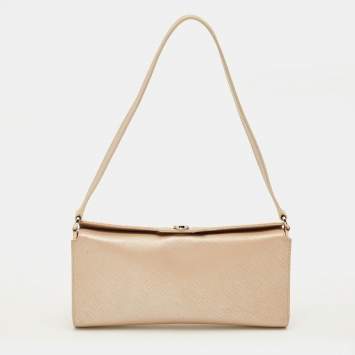 Pre Owned Salvatore Ferragamo Gancini Metallic Pink Saffiano Leather Clutch Bag