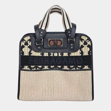 Pre Owned حقيبة سالفاتوري فيراغامو حمل وكتف من جلد ورافية باللون البيج والأسود