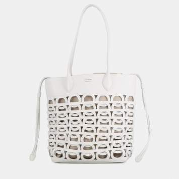 Pre Owned Ferragamo Gancini Tote Bag Optical White Calf Leather Size Medium