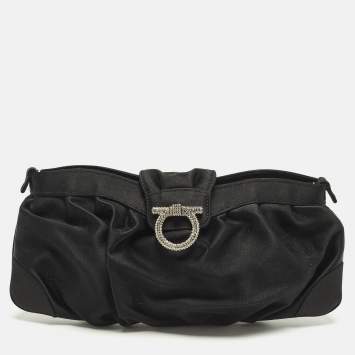 Pre Owned Salvatore Ferragamo Gancini Crystal Embellished Black Satin Clutch