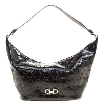 Pre Owned Salvatore Ferragamo Black Gancio Embossed Patent Leather Hobo