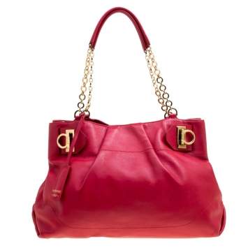 Pre Owned Salvatore Ferragamo Red Leather Chain Tote