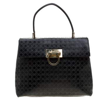 Pre Owned Salvatore Ferragamo Black Signature Embossed Leather Gancini Satchel