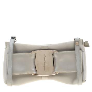 Pre Owned Salvatore Ferragamo Silver Satin and Leather Bow Crossbody Bag