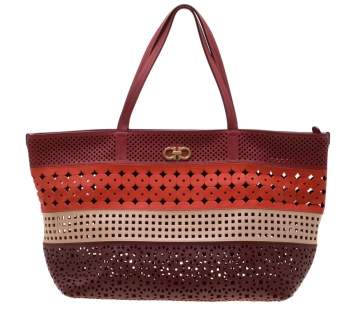 Pre Owned Salvatore Ferragamo Multicolor Leather Laser Cut Shopper Tote