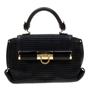Pre Owned Salvatore Ferragamo Black Raffia and Leather Small Sofia Satchel