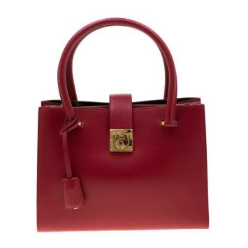 Pre Owned Salvatore Ferragamo Red Leather Gancini Lock Tote