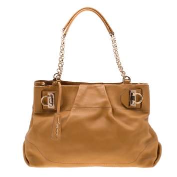 Pre Owned Salvatore Ferragamo Tan Leather W Chain Tote
