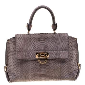Pre Owned Salvatore Ferragamo Taupe Python Medium Sofia Satchel