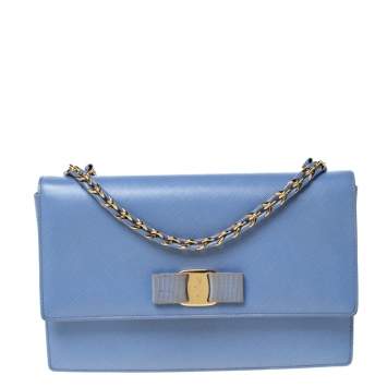 Pre Owned Salvatore Ferragamo Light Blue Leather Ginny Shoulder Bag
