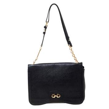 Pre Owned Salvatore Ferragamo Black Leather Gancini Flap Shoulder Bag