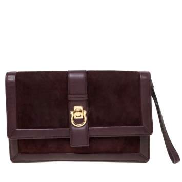 Pre Owned Salvatore Ferragamo Burgundy Suede and Leather Clutch