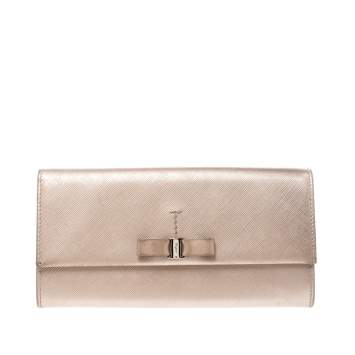 Pre Owned Salvatore Ferragamo Beige Metallic Leather Bow Continental Wallet