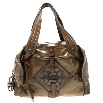 Pre Owned Salvatore Ferragamo Olive Green Patent Leather Satchel