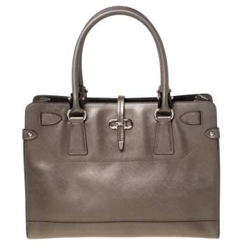 Pre Owned Salvatore Ferragamo Olive Green Metallic Leather Small Briana Tote