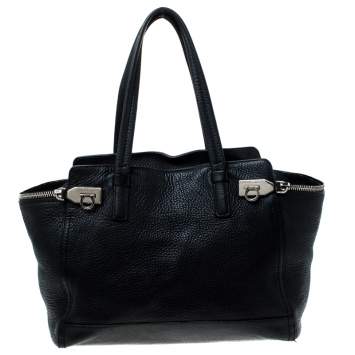 Pre Owned Salvatore Ferragamo Black Leather Large Verve Tote