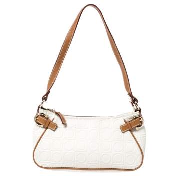 Pre Owned  Salvatore Ferragamo Off White/Brown Gancini Embossed Leather Shoulder Bag