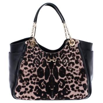 Pre Owned Salvatore Ferragamo Black/Brown Leopard Print Calfhair and Leather Betulla Tote