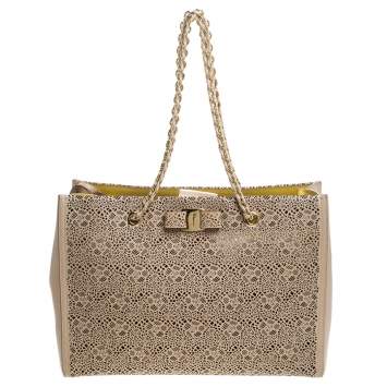 Pre Owned Salvatore Ferragamo Beige Laser Cut Leather Chain Tote
