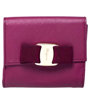 Pre Owned Salvatore Ferragamo Purple Leather Vara Bow Bifold Wallet