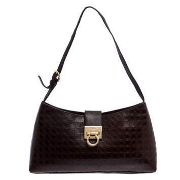 Pre Owned Salvatore Ferragamo Brown Gancini Embossed Leather Shoulder Bag
