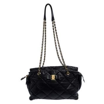 Pre Owned Salvatore Ferragamo Black Quilted Leather Ginette Chain Shoulder Bag