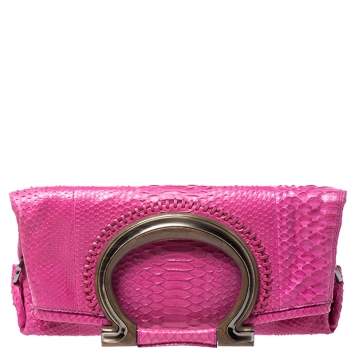 Pre Owned Salvatore Ferragamo Fuchsia Python Foldover Clutch