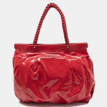 Pre Owned Salvatore Ferragamo Red Patent Leather Braided Handle Hobo