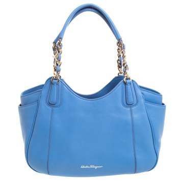 Pre Owned Salvatore Ferragamo Light Blue Leather Melinda Tote