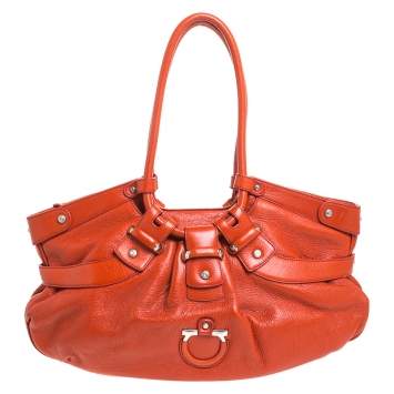Pre Owned Salvatore Ferragamo Orange Leather Gancini Lucchetto Hobo