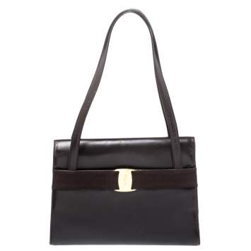 Pre Owned Salvatore Ferragamo Dark Brown Leather Flap Tote