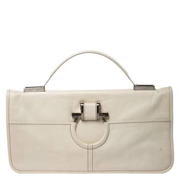 Pre Owned Salvatore Ferragamo Cream Leather Gancini Top Handle Bag