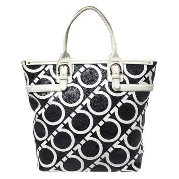 Pre Owned Salvatore Ferragamo Black/White Gancini Print Leather Tote