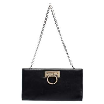 Pre Owned Salvatore Ferragamo Black Leather Gancini Chain Clutch