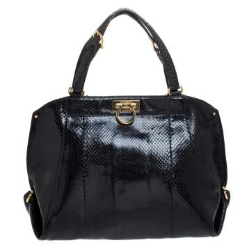 Pre Owned Salvatore Ferragamo Black Python Large Satchel