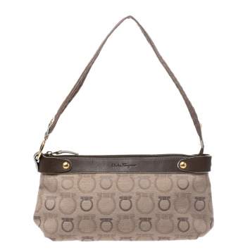 Pre Owned Salvatore Ferragamo Begie Gancini Print Canvas and Leather Shoulder Bag
