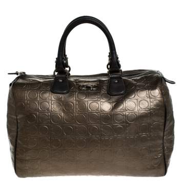 Pre Owned Salvatore Ferragamo Metallic Brown Gancini Embossed Leather Boston Bag