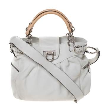 Pre Owned Salvatore Ferragamo White/Beige Leather Marisa Satchel