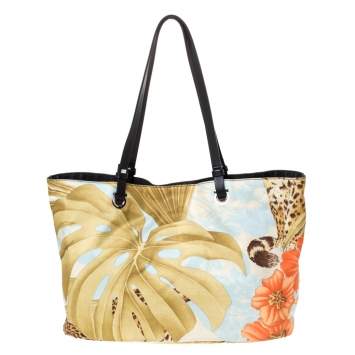 Pre Owned Salvatore Ferragamo Multicolor Floral Print Satin and Leather Tote