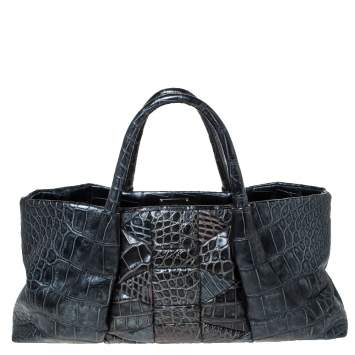 Pre Owned Salvatore Ferragamo Metallic Dark Grey Alligator Middle Zip Tote