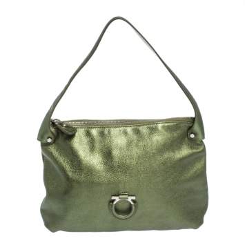 Pre Owned Salvatore Ferragamo Metallic Green Leather Gancio Hobo