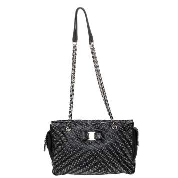 Pre Owned Salvatore Ferragamo Black Studded Leather Ginette Shoulder Bag